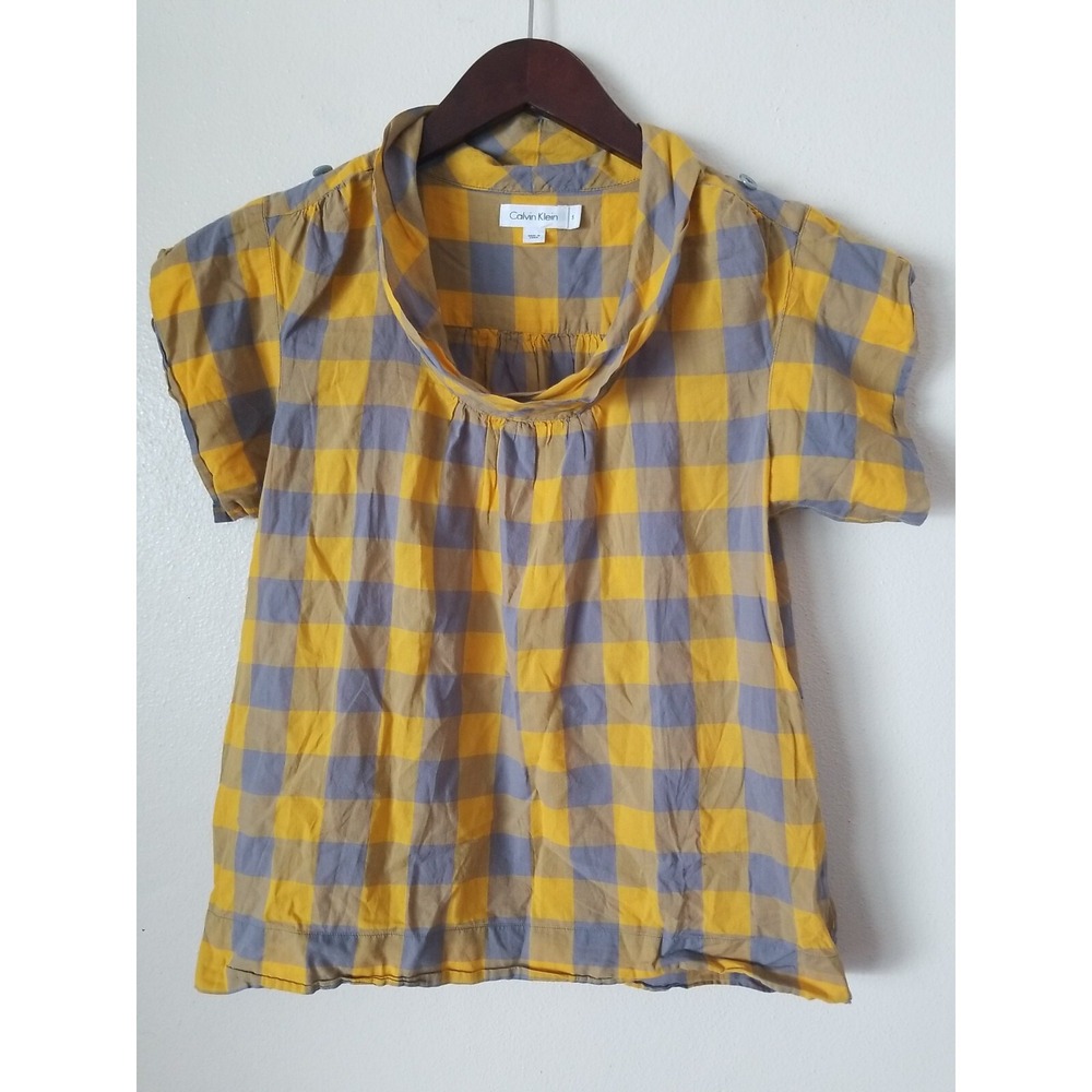 CALVIN KLEIN Women's Short Sleeve Golden Check Print Cowl Neck‎ Top Size S